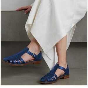 FSJ Blue Retro Closed Toe Sandals Low Block Heel Woven Roman Ankle Strap Sandals